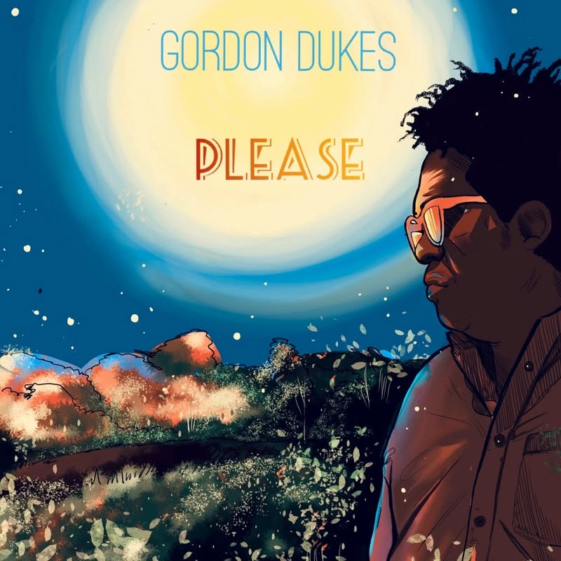 Cover artwork for Gordon Dukes — Please: an illustrated profile portrait against a blue night sky and full moon