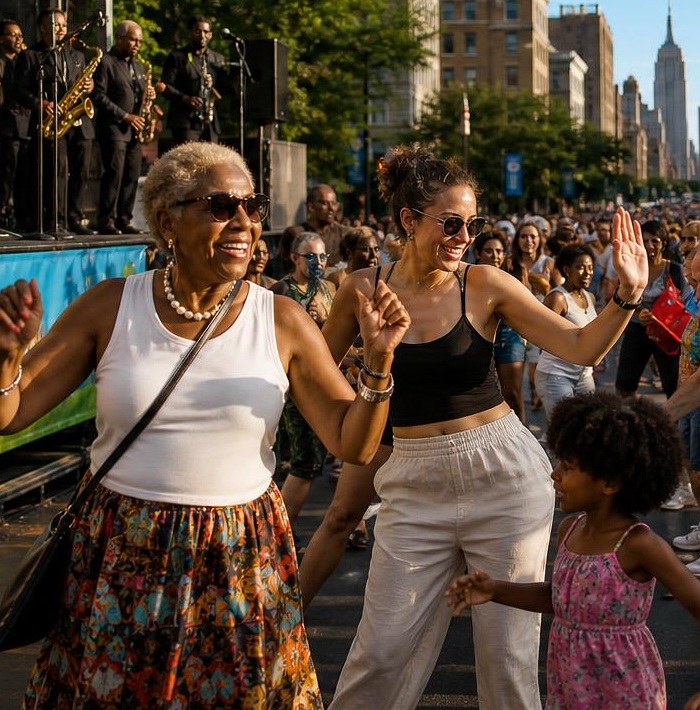 A woman and a young girl dancing together on a car-free New York avenue during Summer Streets, presented by Gordon Dukes Music Company
