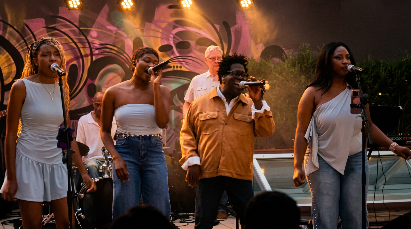 Gordon Dukes Music Company vocalists and musicians performing Live Music Lives Here™ under amber stage light