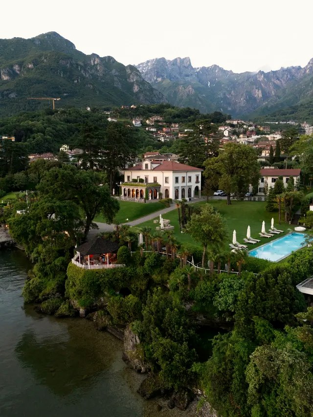 Aerial view of a luxury Lake Como estate — Villa Lario, featured destination of Jetaway Collection.