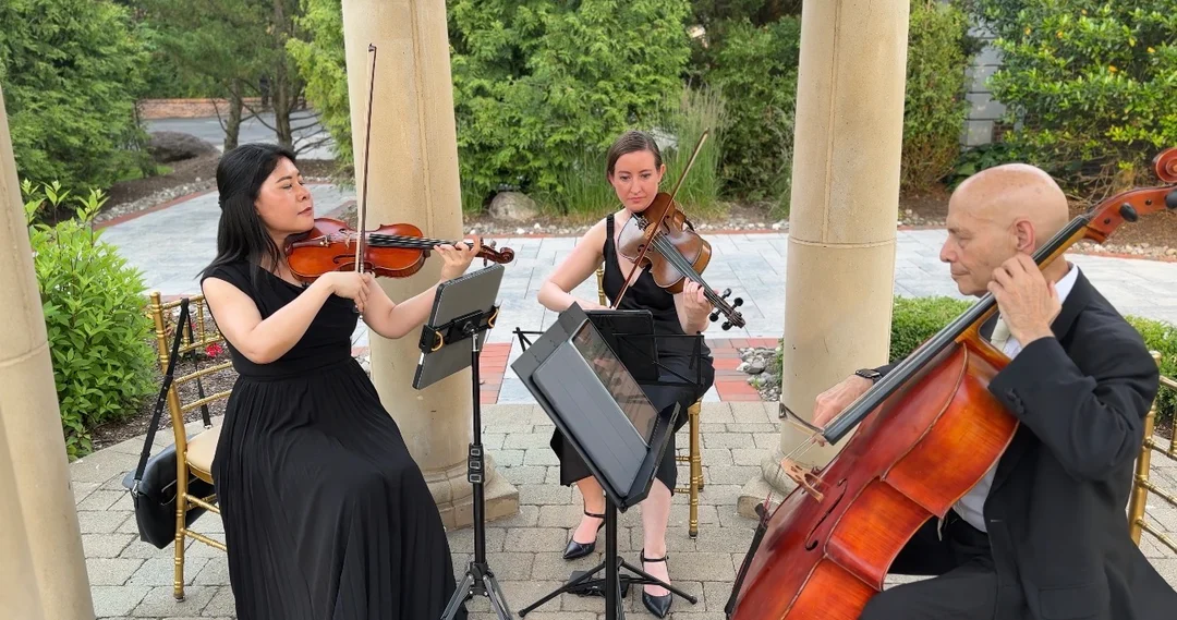 Gordon Dukes Music Company string trio performing in a garden gazebo before a ceremony