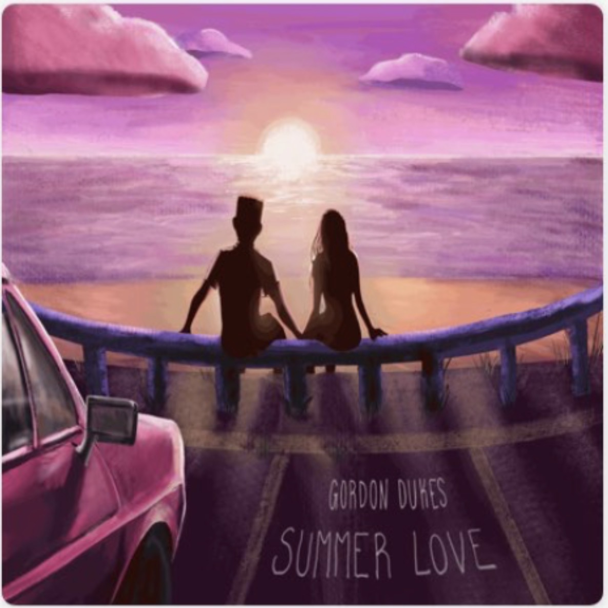 Cover artwork for Gordon Dukes — Summer Love: an illustrated couple seated on a guardrail watching a violet sunset over the ocean