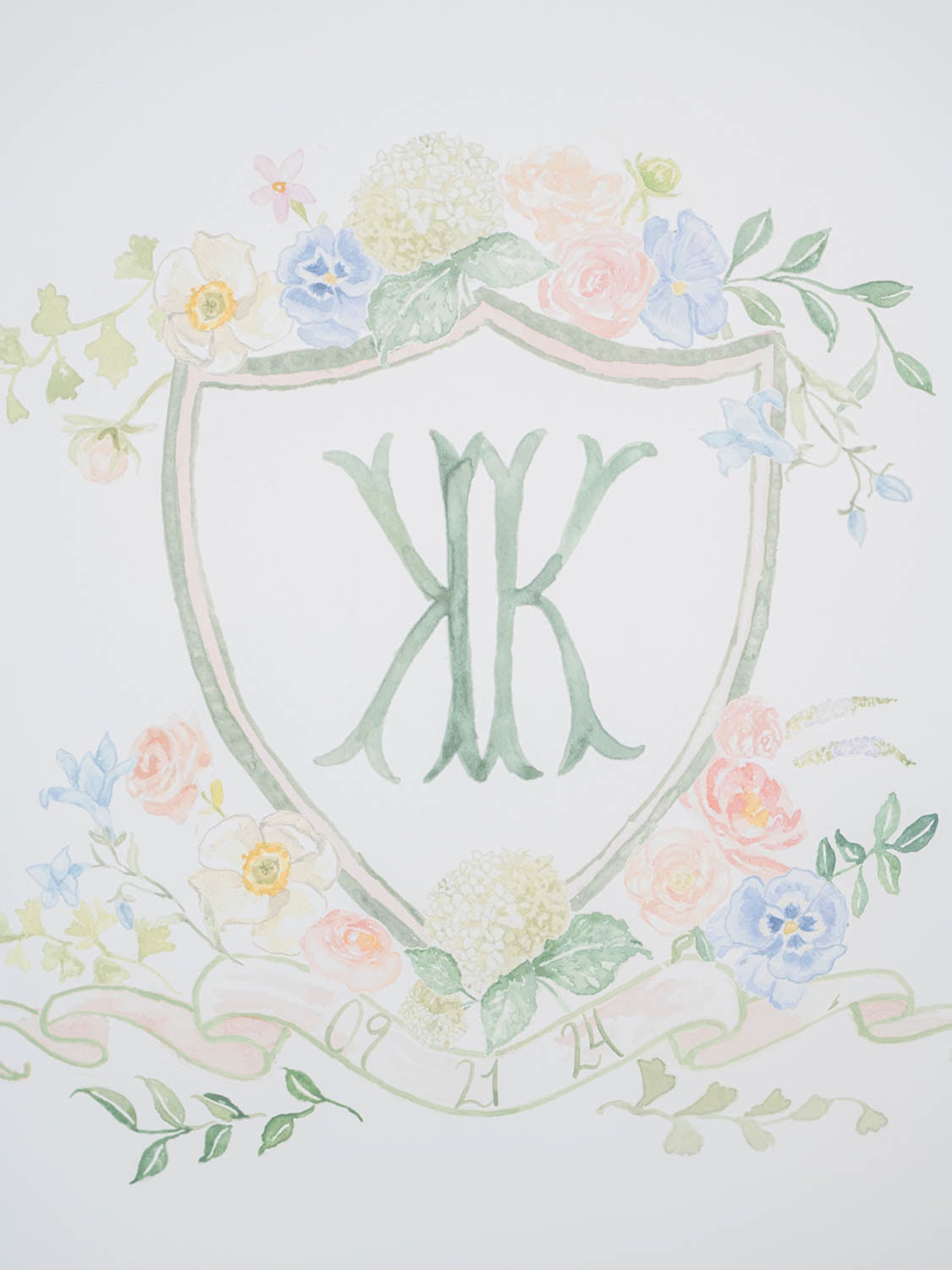 Watercolor monogram crest for Katherine and Kevin, dated 09.21.24