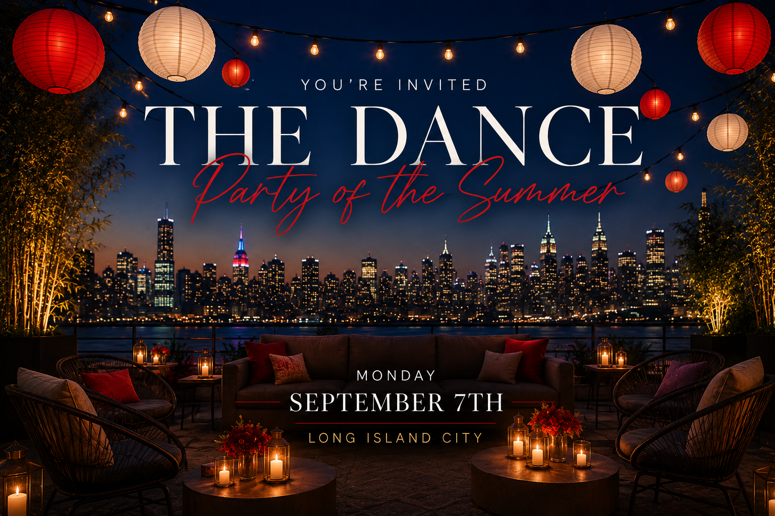 Dukes Dance Party invitation artwork — lanterns and the New York City skyline at dusk, Monday September 7th in Long Island City, presented by Gordon Dukes Music Company