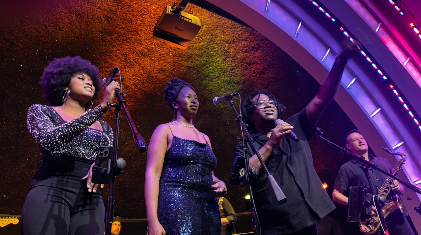 Gordon Dukes and vocalists performing on a large illuminated stage before a public audience — Gordon Dukes Music Company