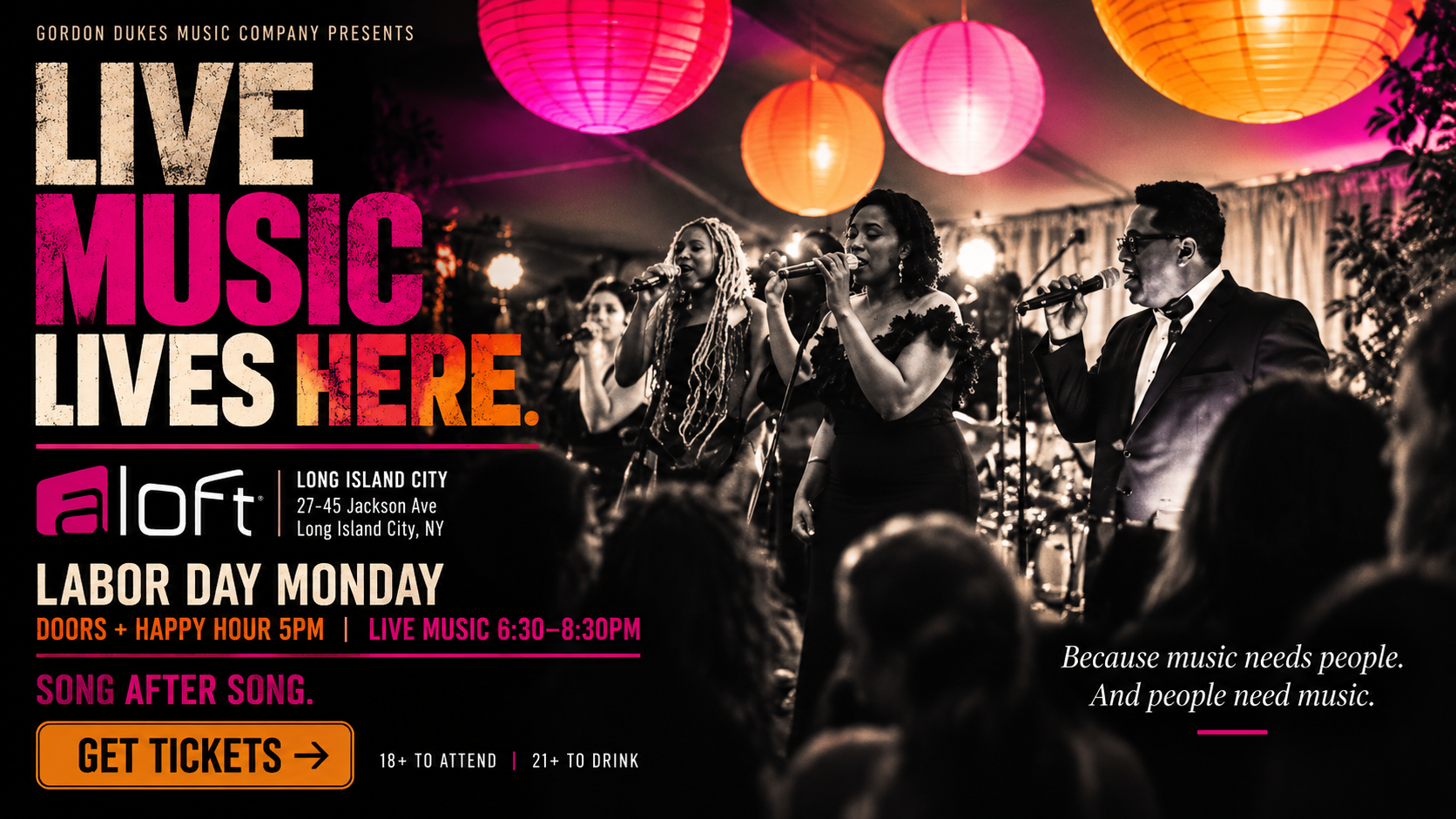 Archive: the original Night 01 invitation artwork for LIVE MUSIC LIVES HERE at Aloft Long Island City, Labor Day Monday, September 7, 2026