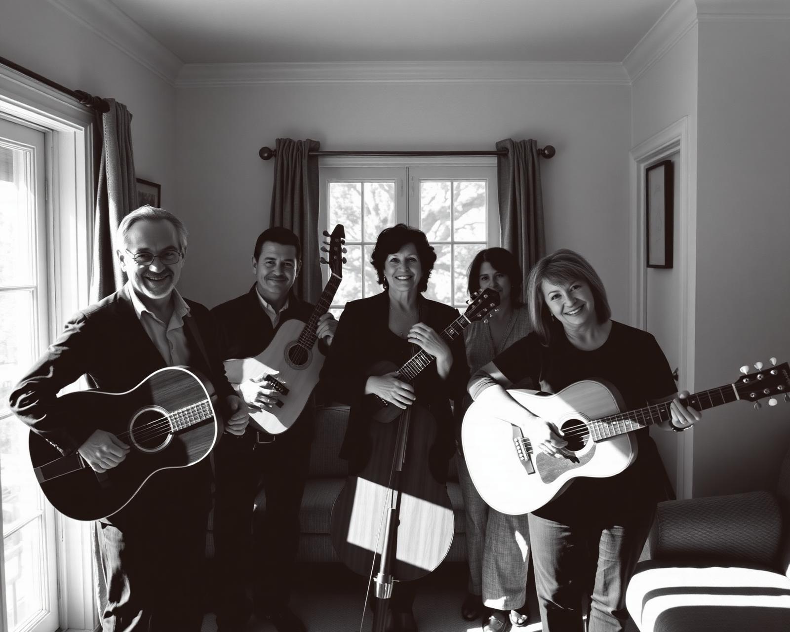 Musicians performing for a family gathering as guests listen close by